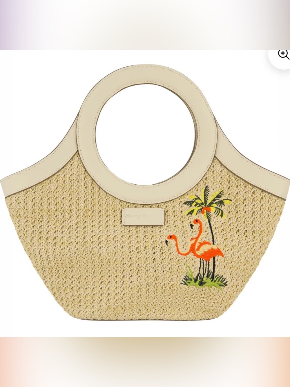 Tommy Bahama Beige Straw Crossbody Bag with Flamingo Embroidery